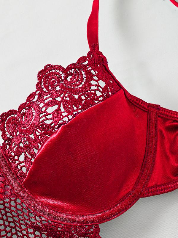 Four piece set of women's sexy jumpsuit underwear (with steel ring/thong/paired with a pair of stockings) European and American sexy underwear hot and tempting comfort belt steel ring thong high-end women's sexy underwear set