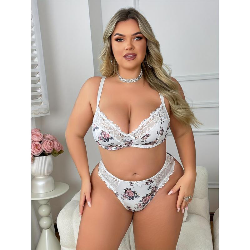 Fashion - A Set of White Sexy Semi-Transparent Lace Underwire Non-Slip Cup Fashion Front Bow Flower Print Comfortable All-Season Wearable Plus Size Women's Underwear Set