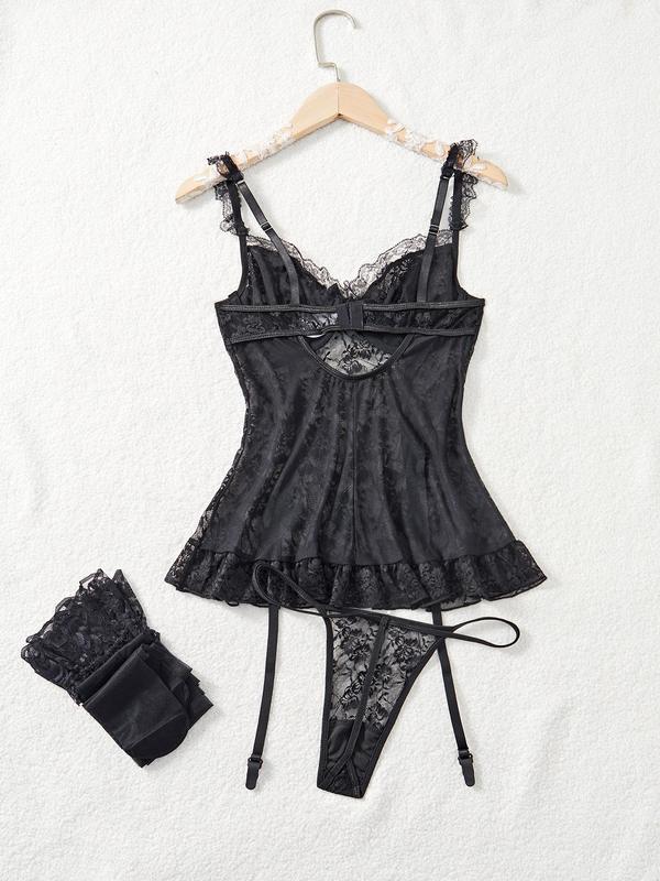 Underwear Set (4-piece set, with steel rim, thong, paired with a pair of stockings) Sexy Underwear Temptation Lace thong with steel rim Sexy Underwear Set panty outfit Floral Lace Bow Front Lingerie Set lingerie  business adult Womenswear Bridal