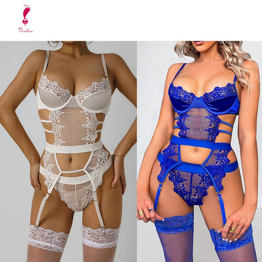Four piece set of women's sexy jumpsuit underwear (with steel ring/thong/paired with a pair of stockings) European and American sexy underwear hot and tempting comfort belt steel ring thong high-end women's sexy underwear set