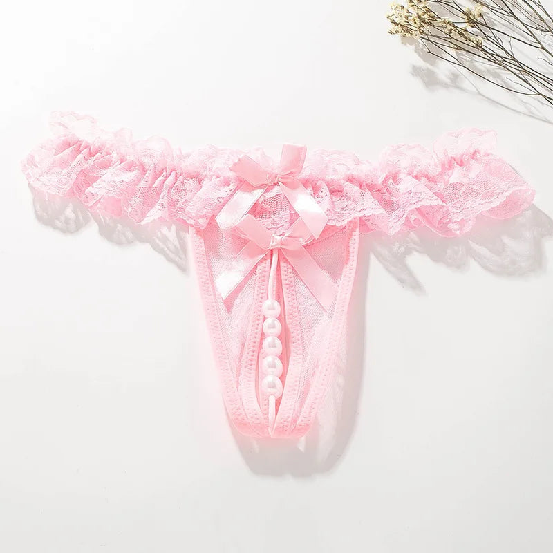 Sexy String Lace Underwear Women Back Bow Panties Women G String T-back Thong Transparent Lingerie Cute with Pearls Panties New