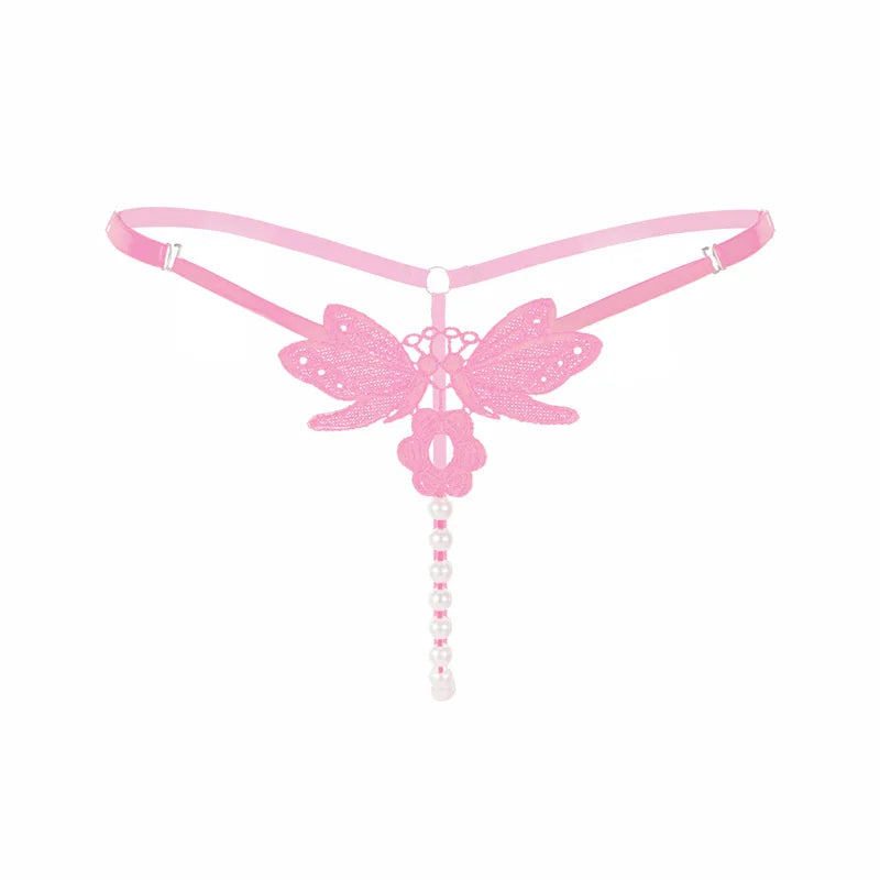 Sexy String Lace Underwear Women Back Bow Panties Women G String T-back Thong Transparent Lingerie Cute with Pearls Panties New