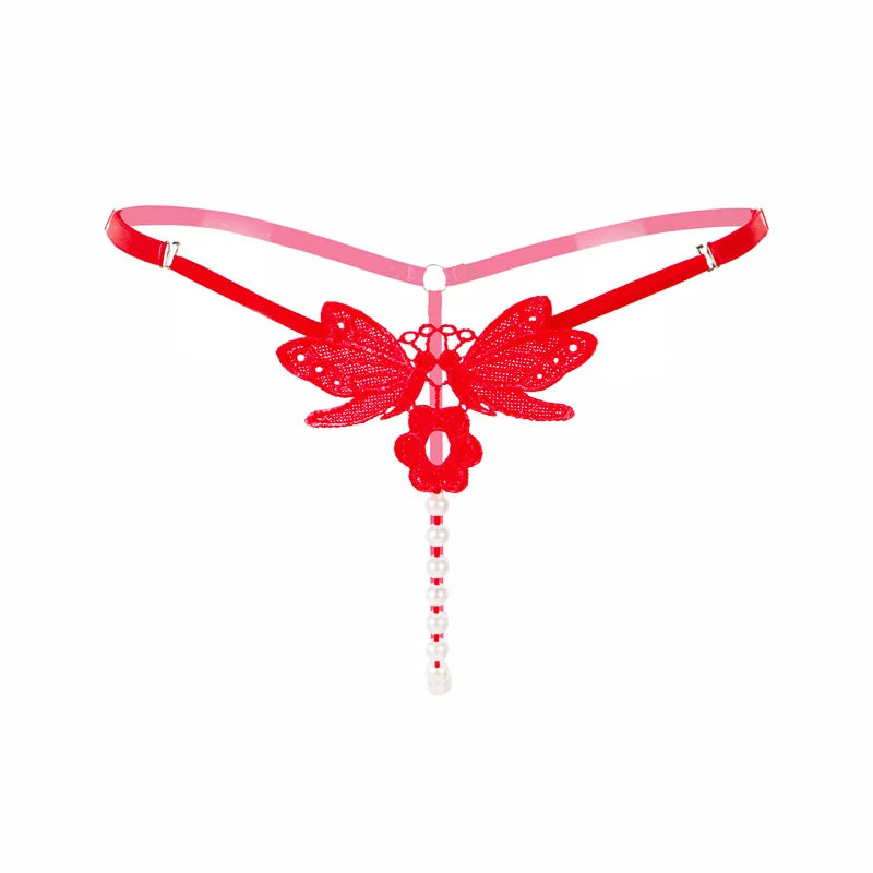 Sexy String Lace Underwear Women Back Bow Panties Women G String T-back Thong Transparent Lingerie Cute with Pearls Panties New