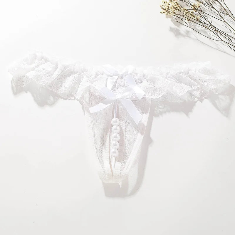 Sexy String Lace Underwear Women Back Bow Panties Women G String T-back Thong Transparent Lingerie Cute with Pearls Panties New