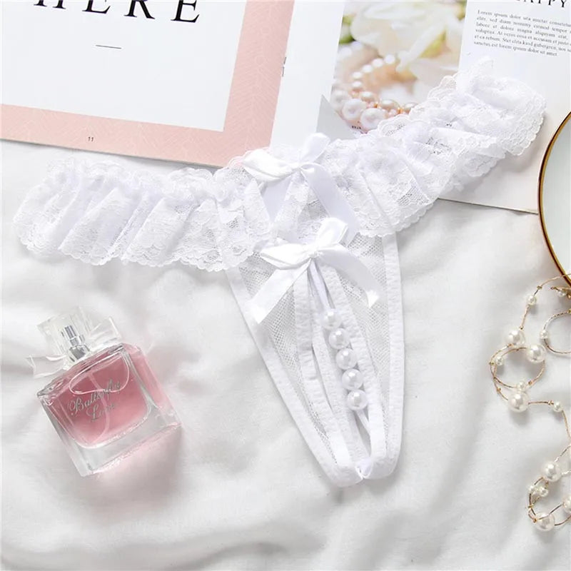 women's underwear Opening Crotch Pearls Thongs G-String transparent sexy panties female lace low-waist Crotchless briefs Women