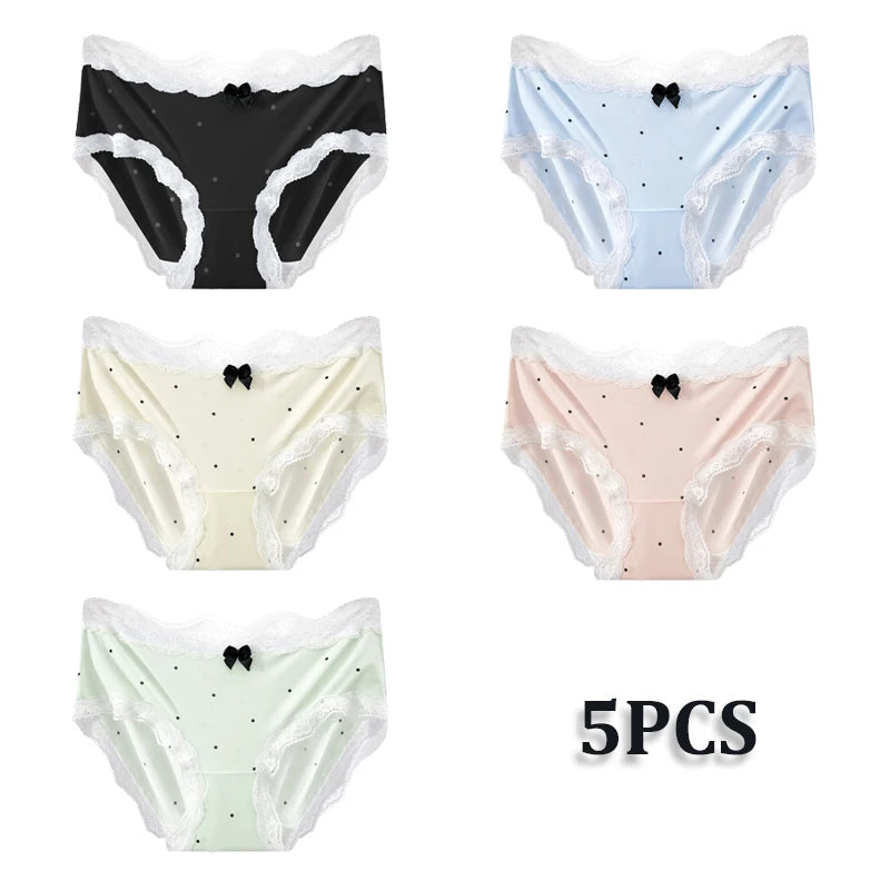 5PCS/Lot Lace Floral Underwear Women Sexy Ice Silk Perspective Panties Female Low Waist Breathable Briefs Soft Stretchy Lingerie