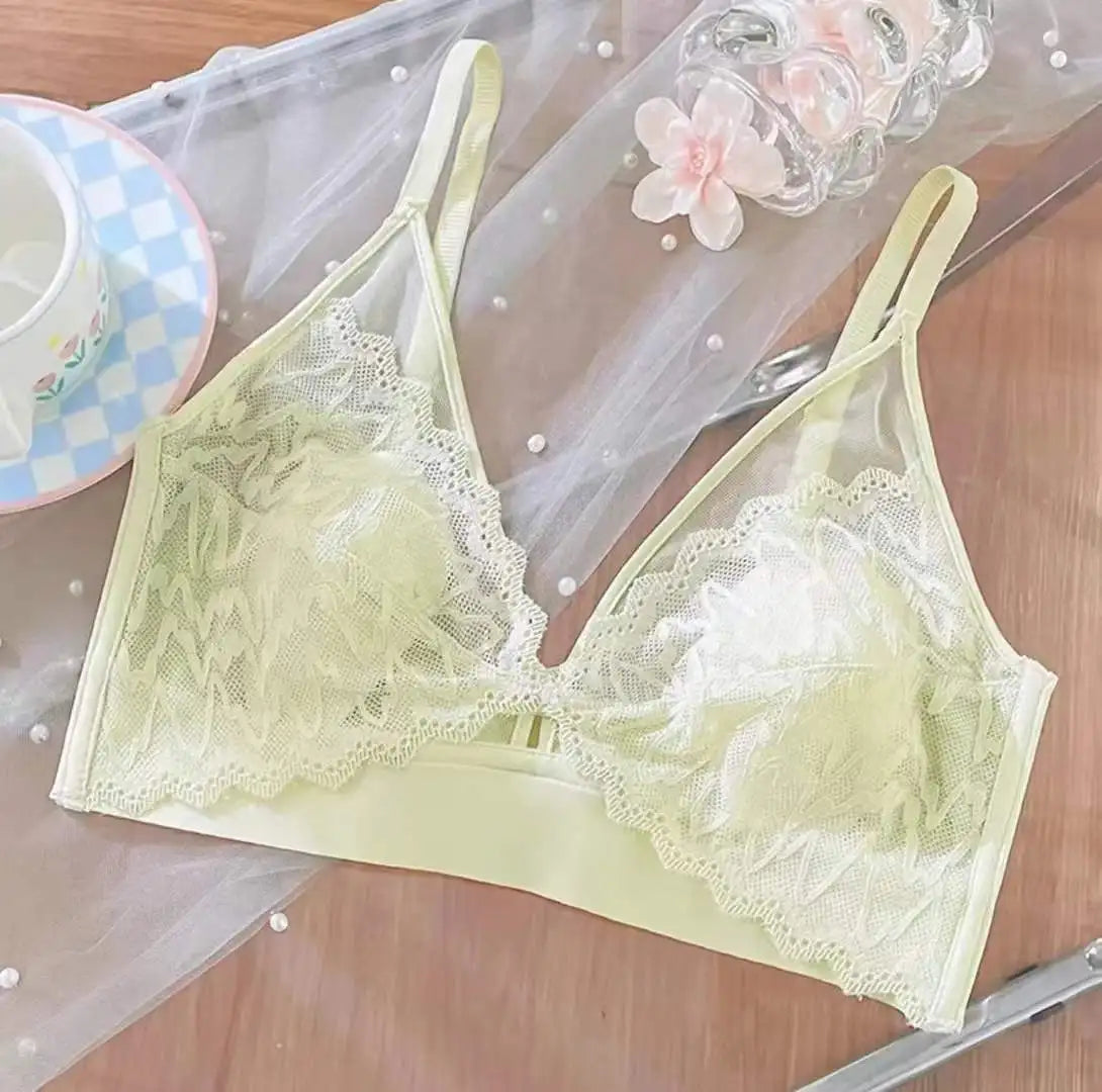 French Lace Lingerie for Women Without Steel Rings and Rabbit Ears, Mesh Fabric Breathable and Ultra-thin  Women Underwear