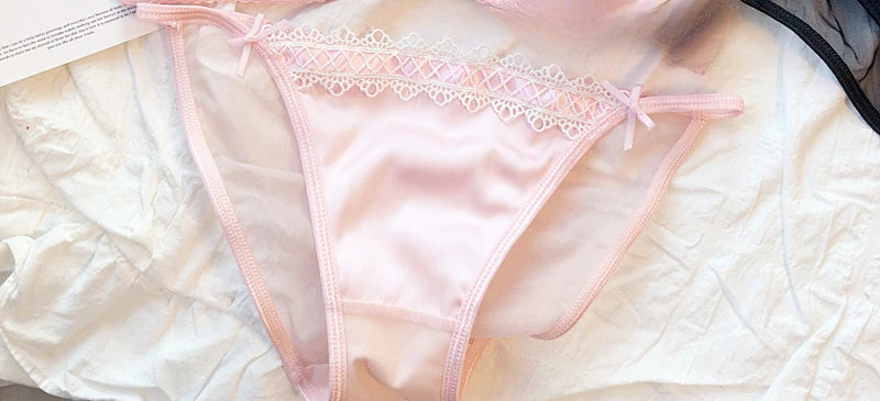 MOYISU Lolita French Pure Desire Sexy Lace Satin Spice Girl Bra Small Chest Gathering Halter Hollow Underwear Set Soft Underwire