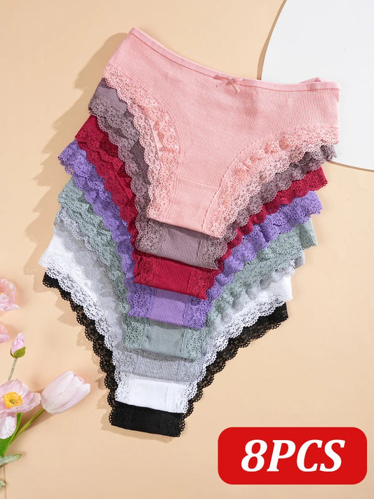 8PCS Women's Cotton Fabric Panties Sexy Lace Bowknot Solid Color Bikini Underpants Fashion Double Straps Comfortable Underwear