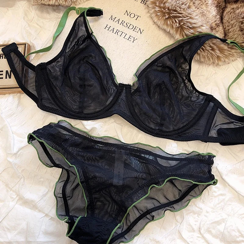 Elegant French Design Minimizer Bra Fashion Triangle Cups Structural Support Mesh Lingerie Set 32-40 MOYISU Sexy Panty Tushy Set