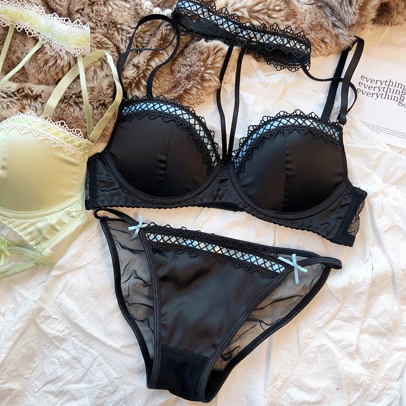 MOYISU Lolita French Pure Desire Sexy Lace Satin Spice Girl Bra Small Chest Gathering Halter Hollow Underwear Set Soft Underwire