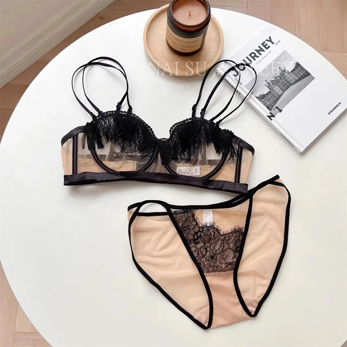 MOYISU Premium Sheer Mesh Bra Set Fringed Lace Half-Cup Minimizer, Ultra-Thin Luxury Lingerie Full Bust Coverage Slim Silhouette
