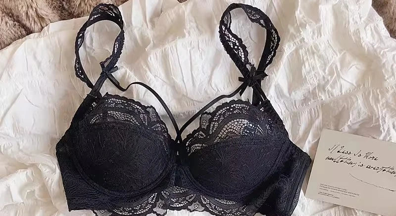 MOYISU Sexy Lace Bralette Set Small Busts French Design Removable Straps with Thin Push Up Pads, Soft Underwire Bra Cover Top