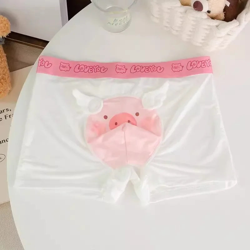 Cute Boys Flat Boxers Ice Silk Pink Piggy Men Underwear Cartoon U Convex Pouch Boxer Shorts Summer Panties Briefs Boyfriend Gift