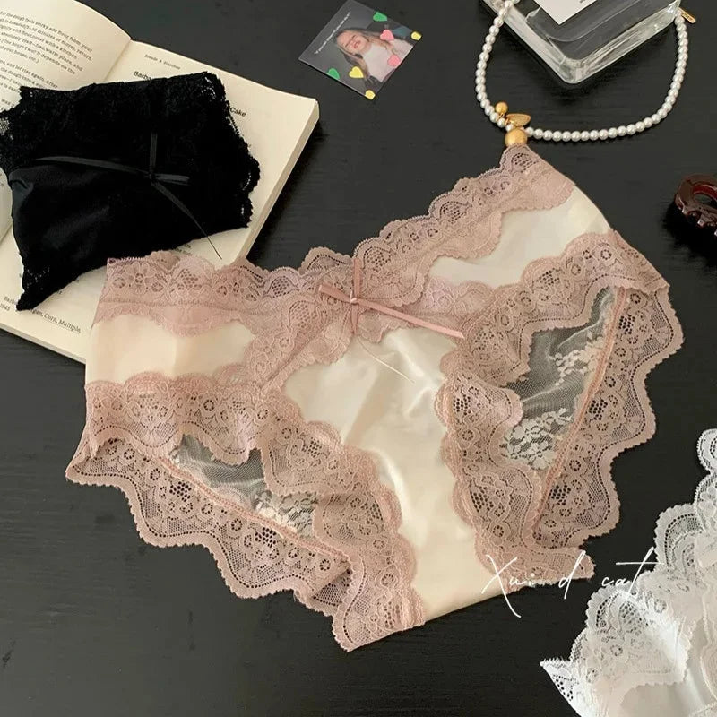 Sexy French Lace Underwear Pure Cotton Crotch Antibacterial Satin Ladies Triangle Panties Comfortable Women's Underwear