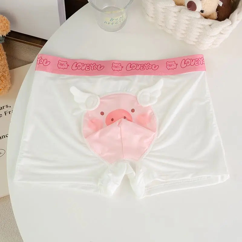 Cute Boys Flat Boxers Ice Silk Pink Piggy Men Underwear Cartoon U Convex Pouch Boxer Shorts Summer Panties Briefs Boyfriend Gift