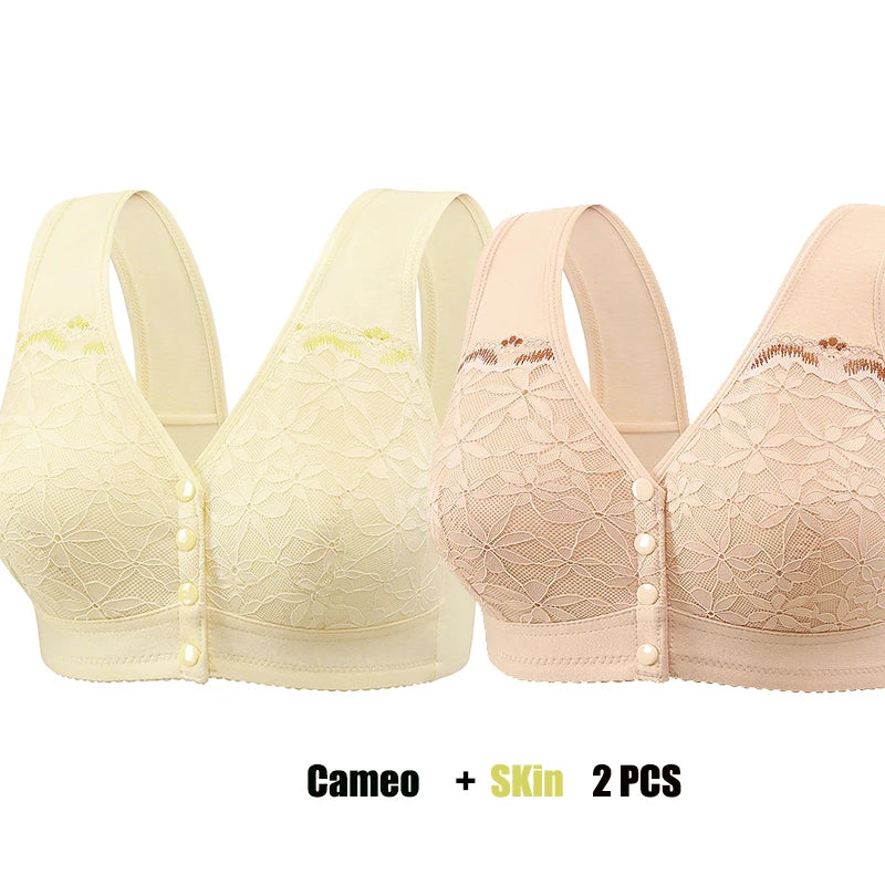 Soft Cotton Thin Cup Front Buckle Underwear Middle-aged Elderly Women Lace No Underwire Vest Type Extra Large Comfortable Bra