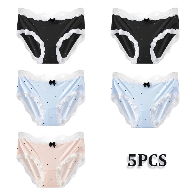 5PCS/Lot Lace Floral Underwear Women Sexy Ice Silk Perspective Panties Female Low Waist Breathable Briefs Soft Stretchy Lingerie