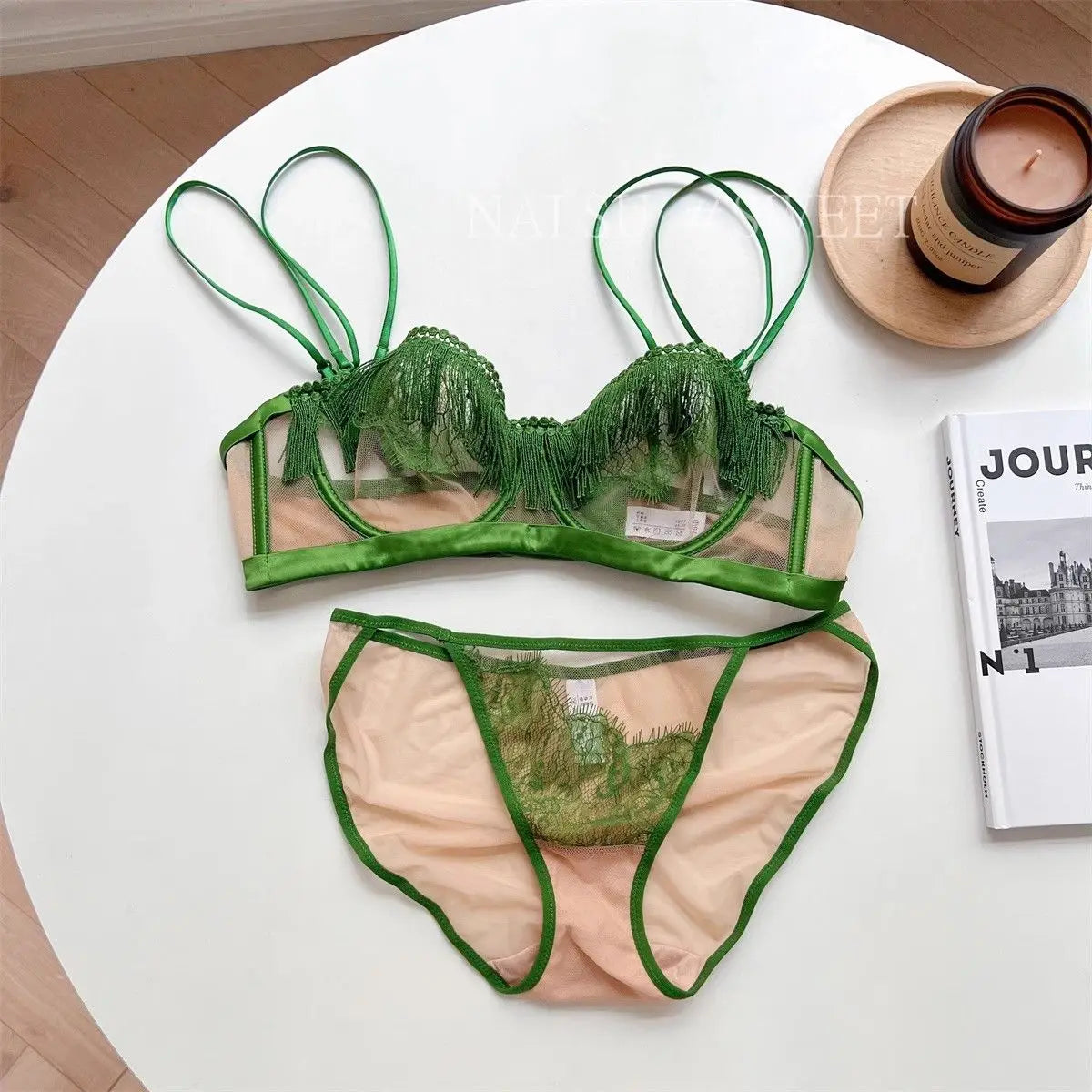 MOYISU Premium Sheer Mesh Bra Set Fringed Lace Half-Cup Minimizer, Ultra-Thin Luxury Lingerie Full Bust Coverage Slim Silhouette