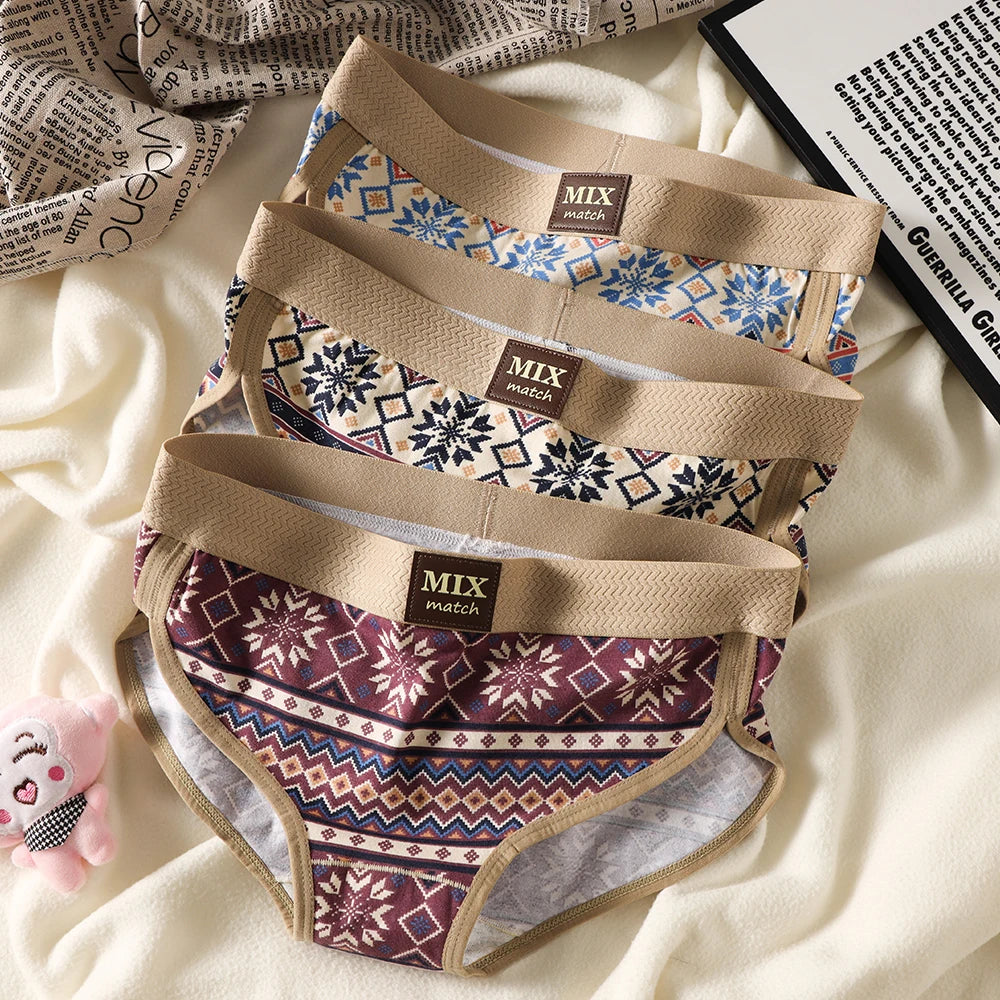 3PCS/Pack 100% Cotton Vintage Print Women's Brief Sexy Hygroscopic Breathable Lingerie Female Comfortable Soft Crotch Underwear