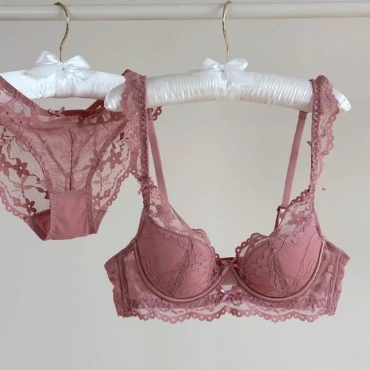 Sexy Lace Bow Thin Section Bra Small Breasts Gathered Collect Vice Breasts Comfortable Soft Steel Ring Anti-Sagging Bra Set