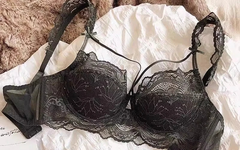 MOYISU Sexy Lace Bralette Set Small Busts French Design Removable Straps with Thin Push Up Pads, Soft Underwire Bra Cover Top