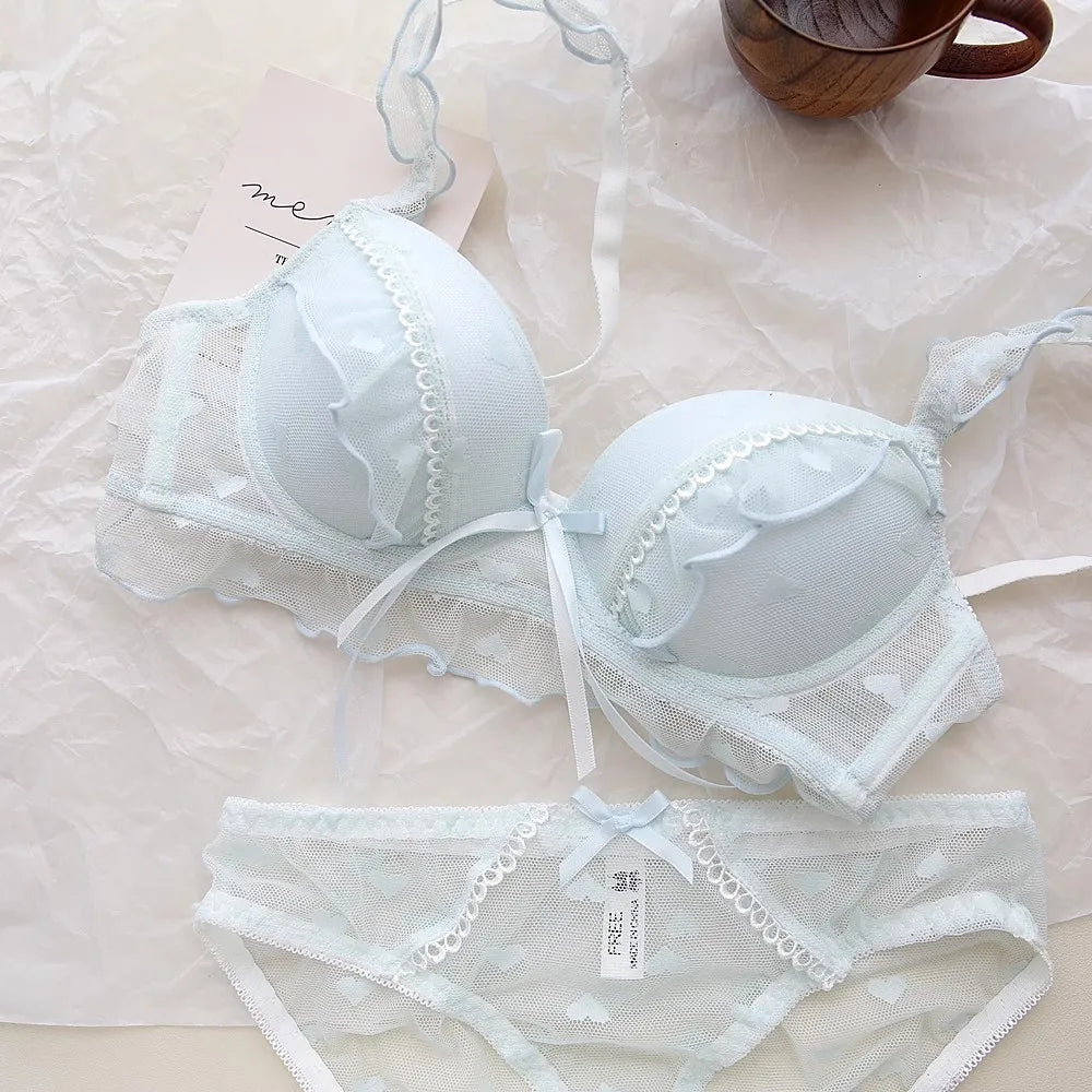 Japanese-style sweet bow lace lingerie for girls, pure and unrestrained, small-cut, curse-fitting bra