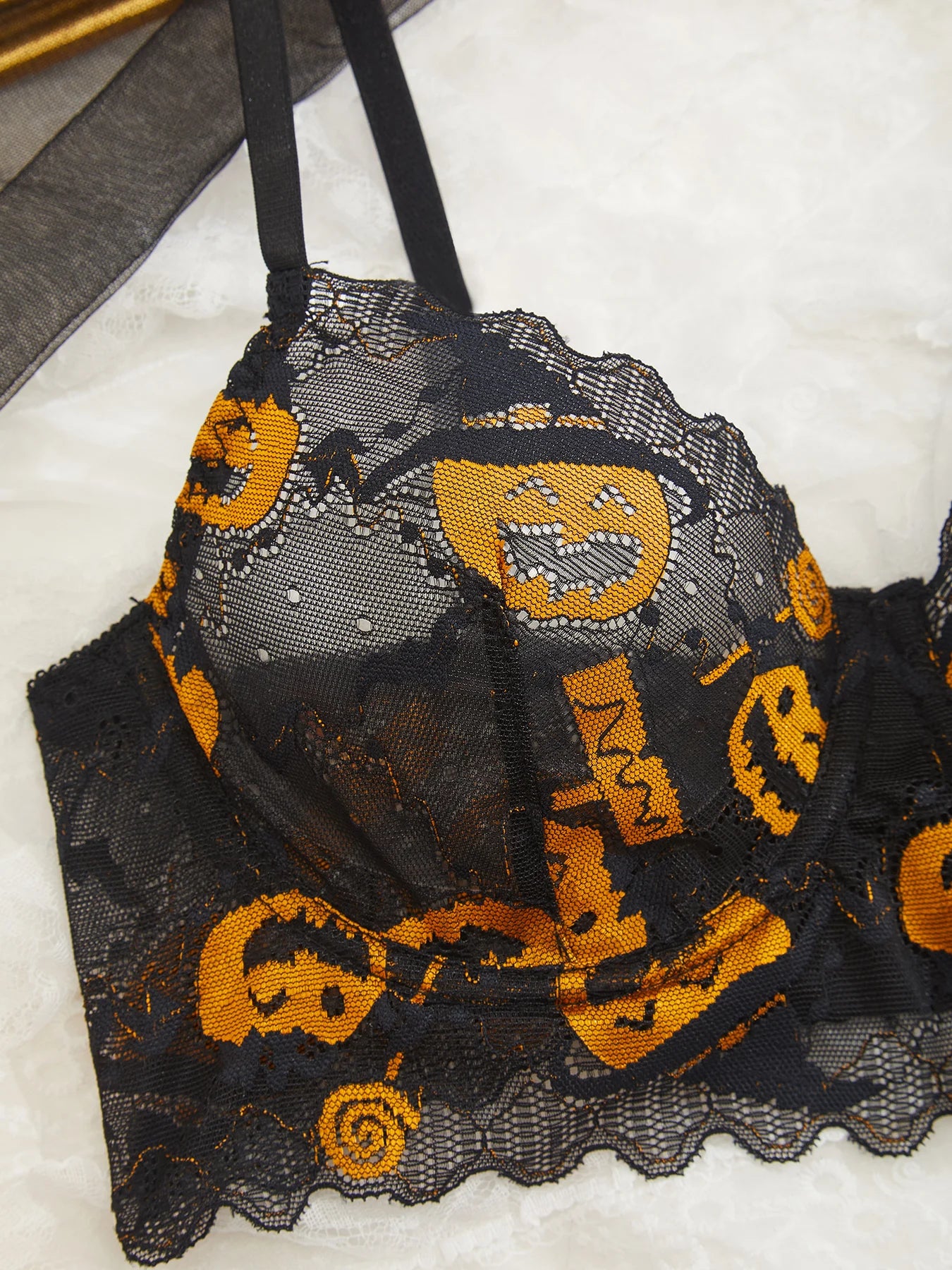 Halloween Mesh Printed Pumpkin Head bra Sexy Lace Tie Up with Steel Rim Underwear Sexy Lingerie Underwire Bra Underwear