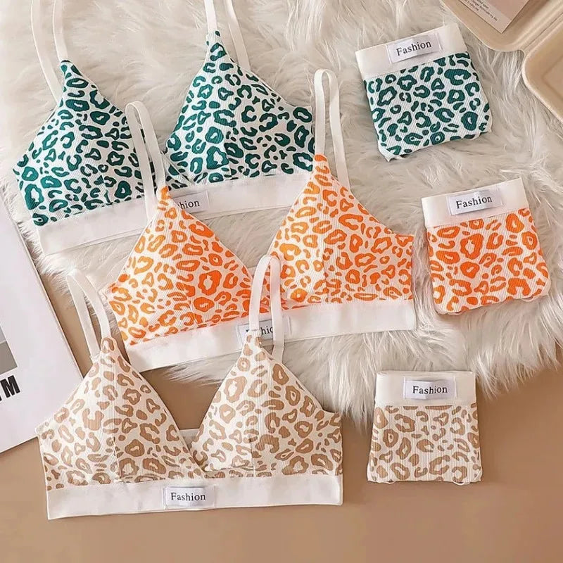 1/5/6Sets New Women's Leopard Print Traceless and Steel Rim Bra Adjustable Shoulder Strap Back Women's Underwear Set