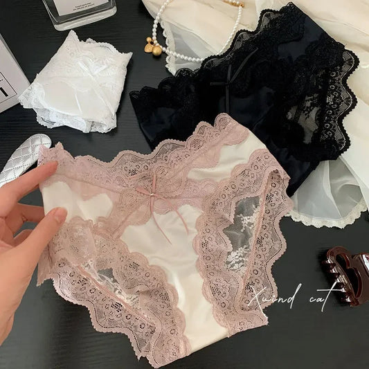 Sexy French Lace Underwear Pure Cotton Crotch Antibacterial Satin Ladies Triangle Panties Comfortable Women's Underwear