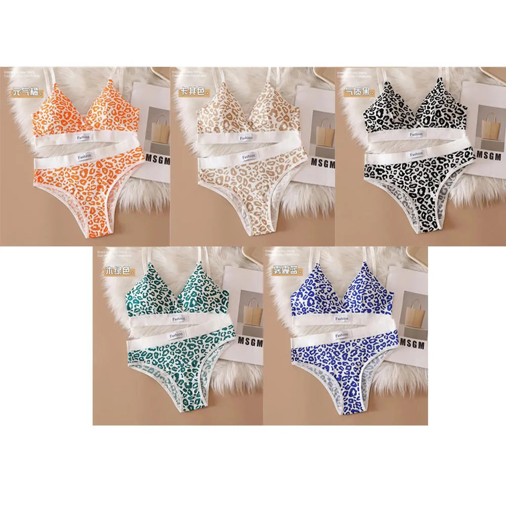 1/5/6Sets New Women's Leopard Print Traceless and Steel Rim Bra Adjustable Shoulder Strap Back Women's Underwear Set
