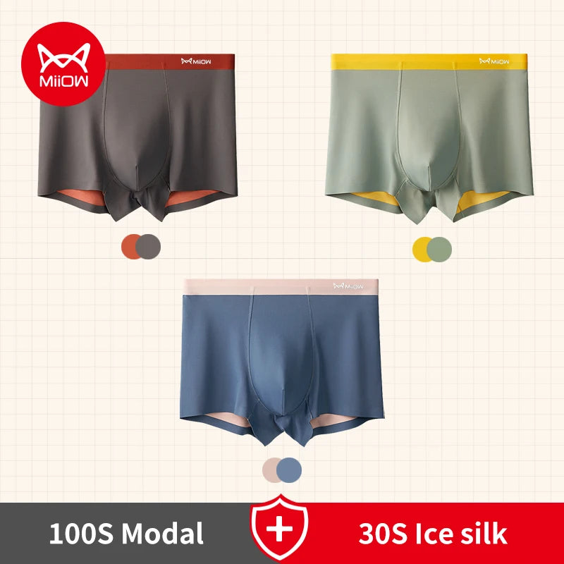 MiiOW 3pcs 100S Modal Men Boxers Underwear Ice Silk Light Men's Panties Boxershorts 5A Antibacterial Breathable Man Underpants