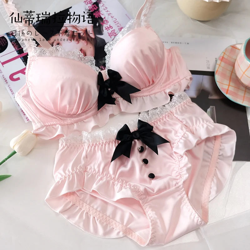 YUQI Kawaii Japanese Lolita Lingerie Set - Cute Bow Bra Cover & Panties for Small Chest, Pure Sexy Teen Girl Charm XS-S Cup Bra