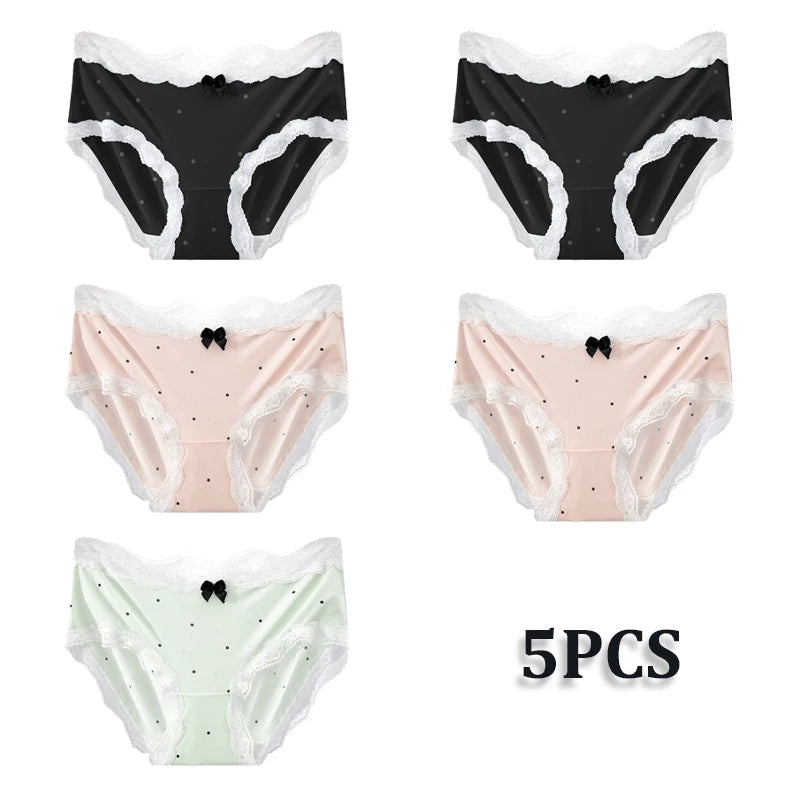 5PCS/Lot Lace Floral Underwear Women Sexy Ice Silk Perspective Panties Female Low Waist Breathable Briefs Soft Stretchy Lingerie
