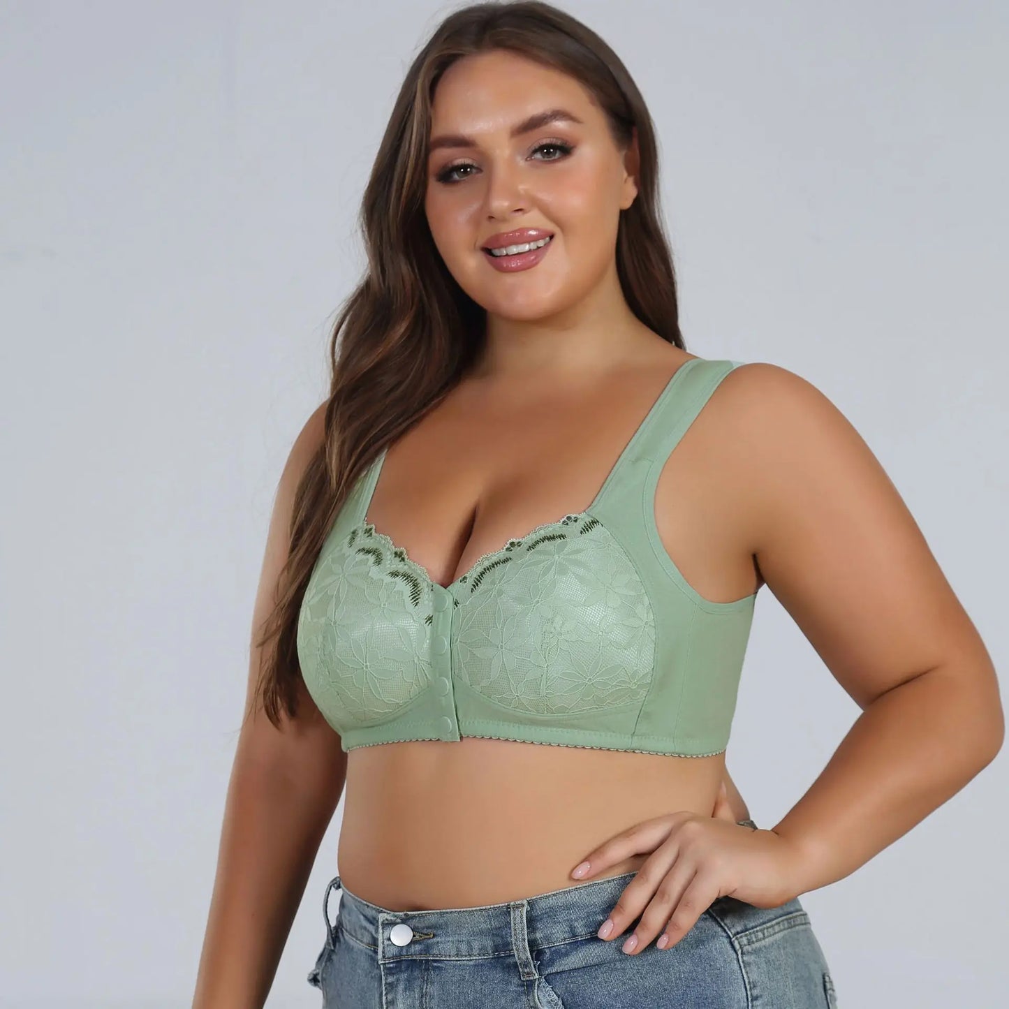 Soft Cotton Thin Cup Front Buckle Underwear Middle-aged Elderly Women Lace No Underwire Vest Type Extra Large Comfortable Bra