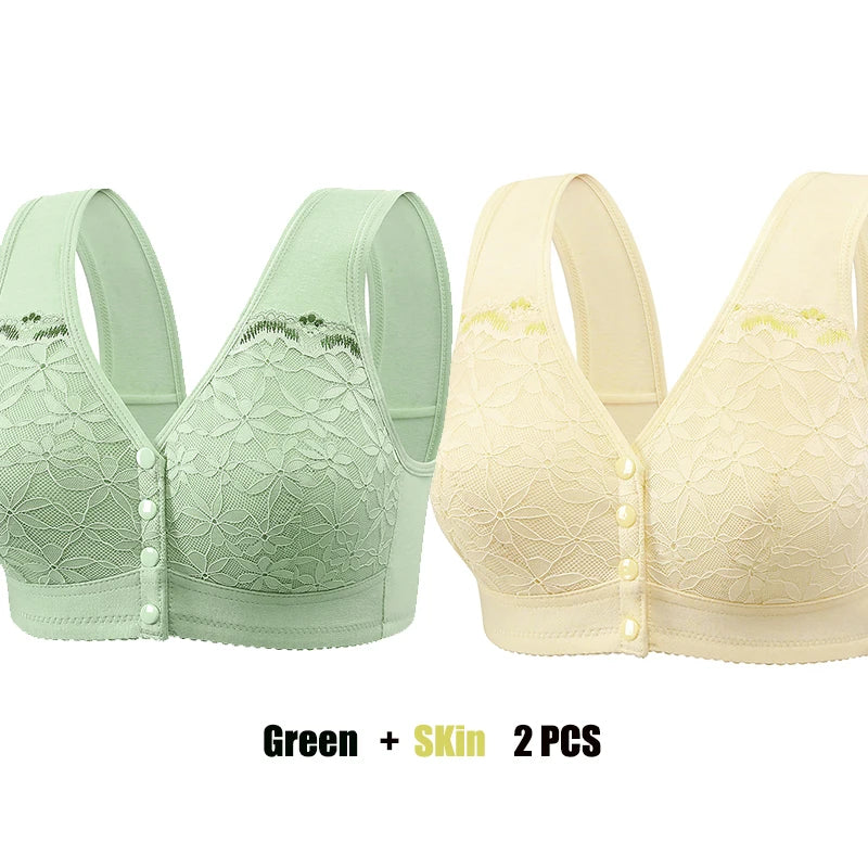 Soft Cotton Thin Cup Front Buckle Underwear Middle-aged Elderly Women Lace No Underwire Vest Type Extra Large Comfortable Bra