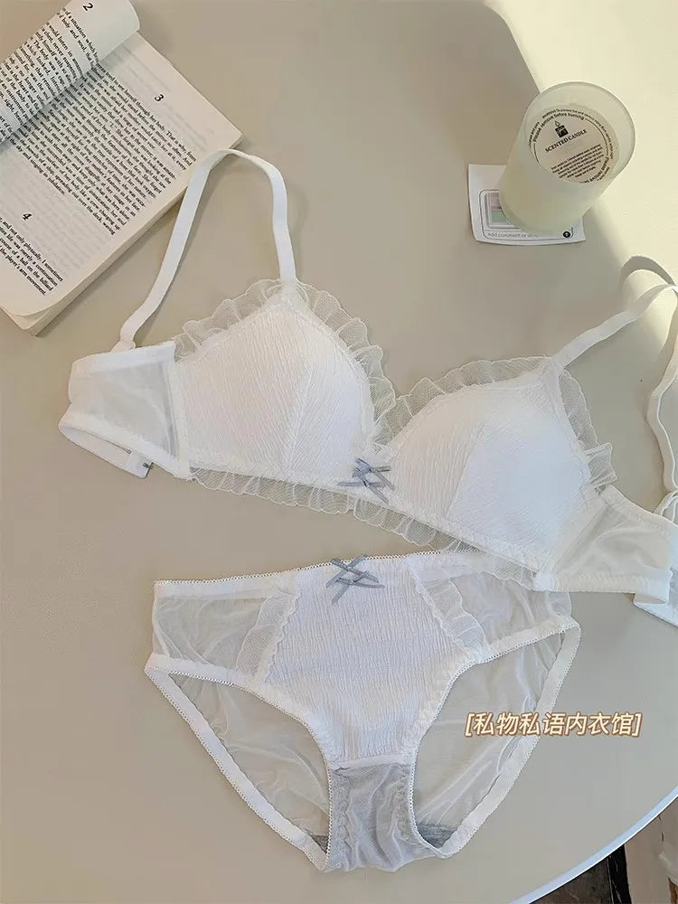 French Lace Triangle Cup Girls Underwear Thin Section Mesh Texture Sense of Small Breasts Gathered Without Steel Ring Bra Set