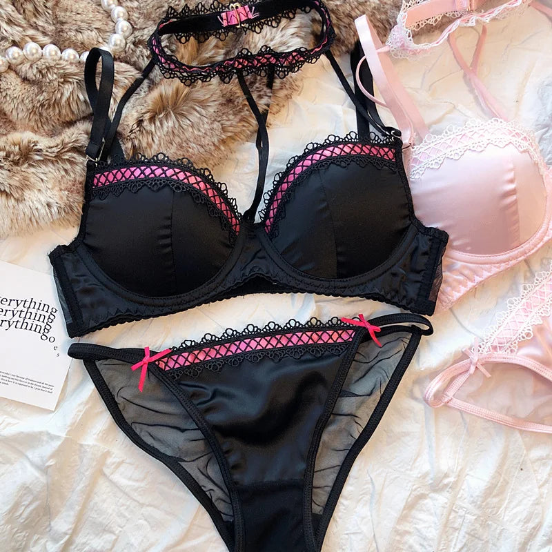 MOYISU Lolita French Pure Desire Sexy Lace Satin Spice Girl Bra Small Chest Gathering Halter Hollow Underwear Set Soft Underwire