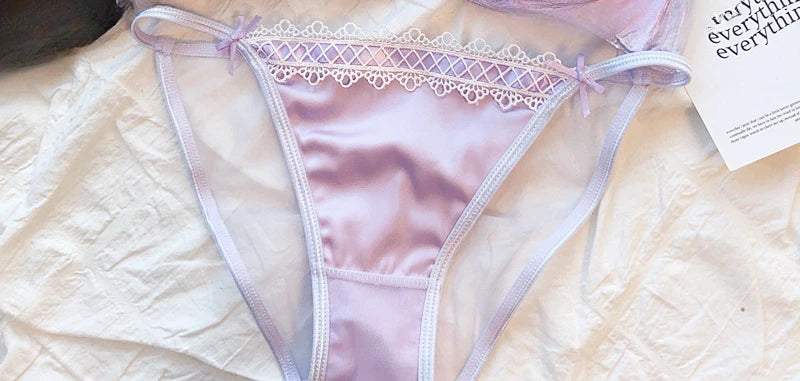 MOYISU Lolita French Pure Desire Sexy Lace Satin Spice Girl Bra Small Chest Gathering Halter Hollow Underwear Set Soft Underwire