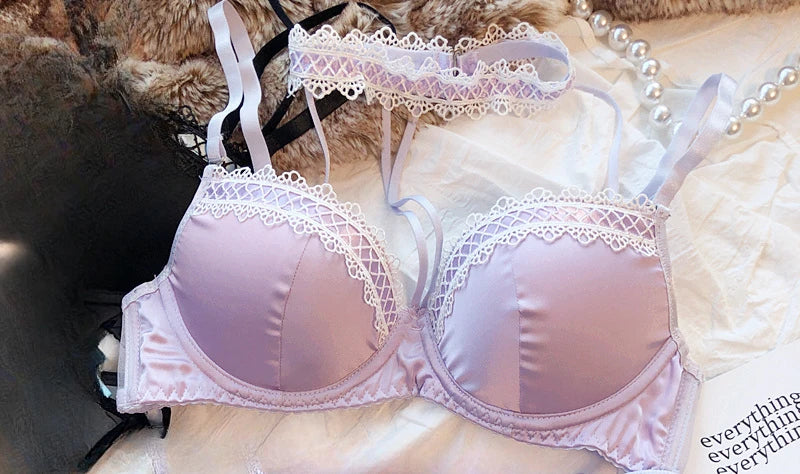 MOYISU Lolita French Pure Desire Sexy Lace Satin Spice Girl Bra Small Chest Gathering Halter Hollow Underwear Set Soft Underwire