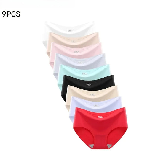 9-Pack Seamless Women Underwear Ice Silk - Mid Waist Sexy Panty Set, Monochrome Comfortable Briefs for Girls Student Daily Wear