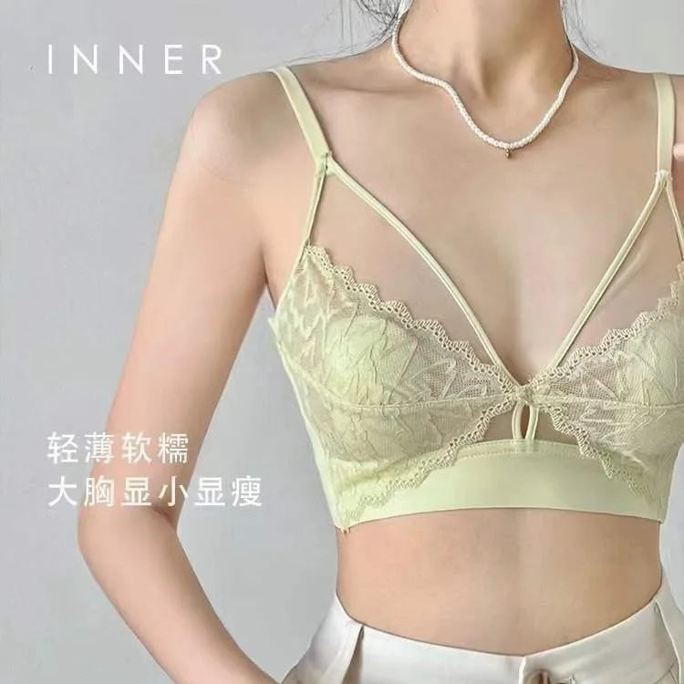 French Lace Lingerie for Women Without Steel Rings and Rabbit Ears, Mesh Fabric Breathable and Ultra-thin  Women Underwear