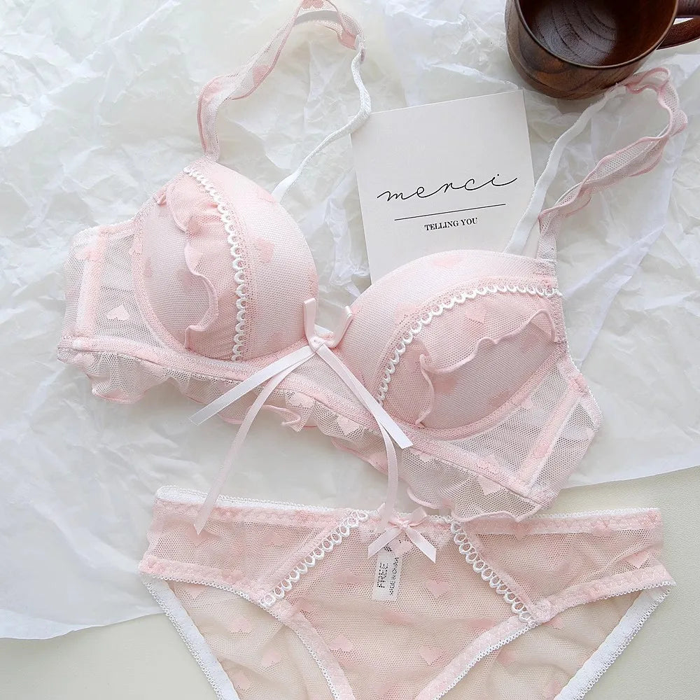 Japanese-style sweet bow lace lingerie for girls, pure and unrestrained, small-cut, curse-fitting bra