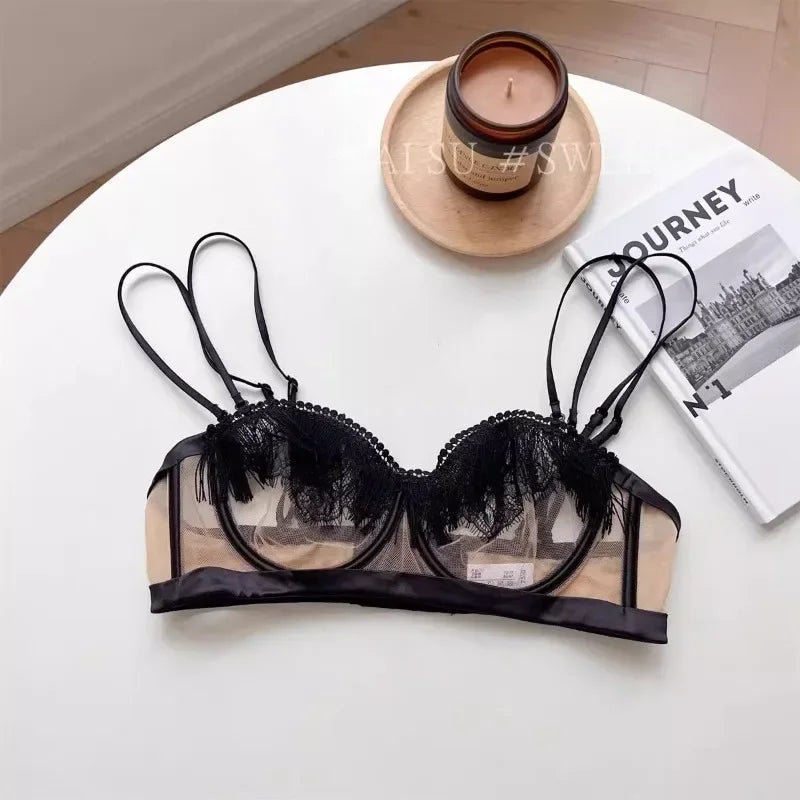 MOYISU Premium Sheer Mesh Bra Set Fringed Lace Half-Cup Minimizer, Ultra-Thin Luxury Lingerie Full Bust Coverage Slim Silhouette