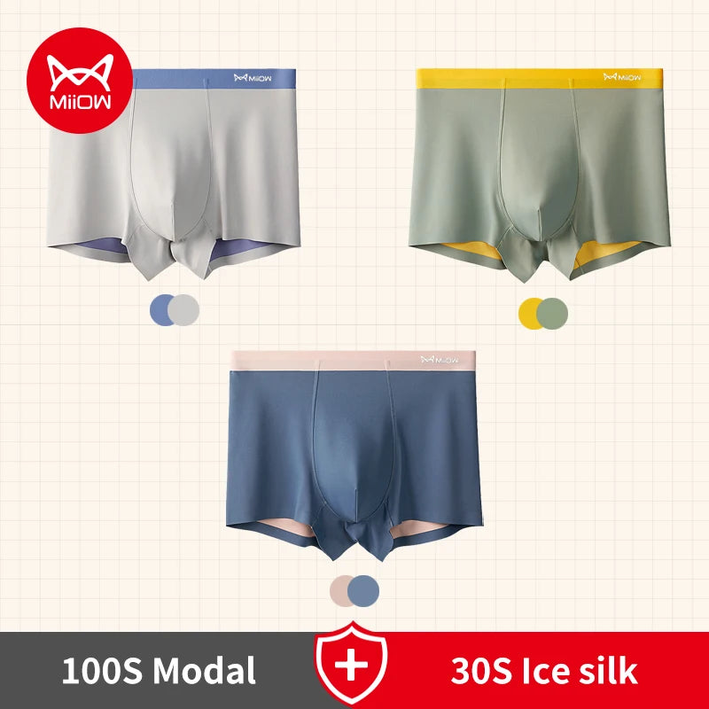 MiiOW 3pcs 100S Modal Men Boxers Underwear Ice Silk Light Men's Panties Boxershorts 5A Antibacterial Breathable Man Underpants