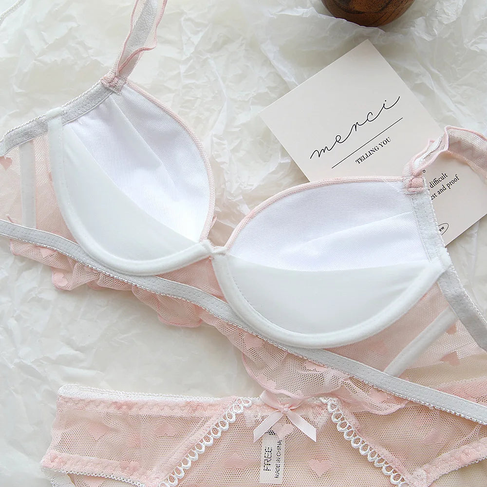 Japanese-style sweet bow lace lingerie for girls, pure and unrestrained, small-cut, curse-fitting bra