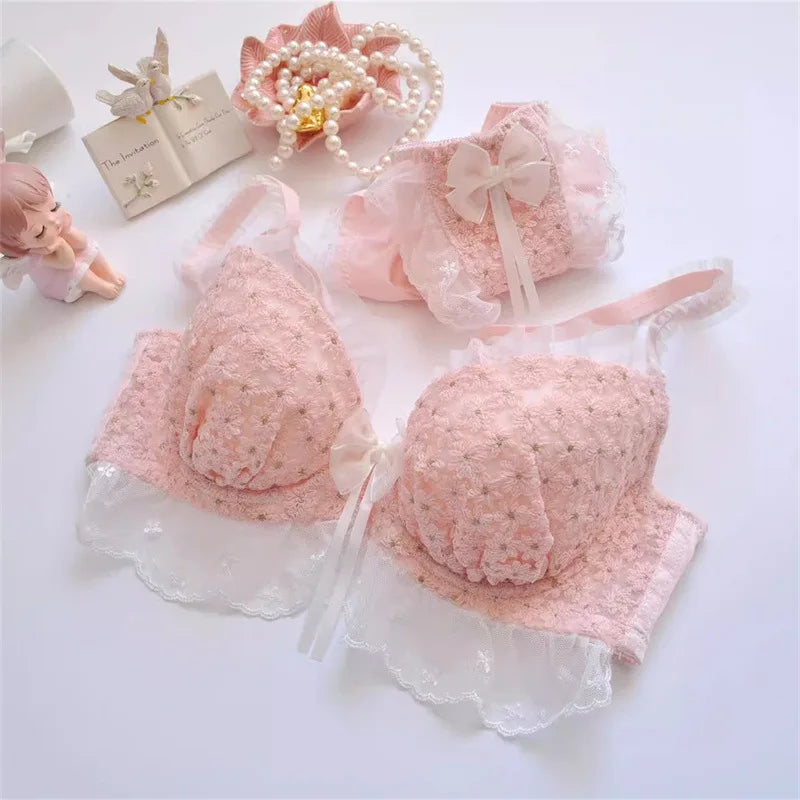 Women's Bra Set Small Breasts Gathered Upturned Girls Bra with Steel Ring Adjustable Collection of Breasts Bra Set