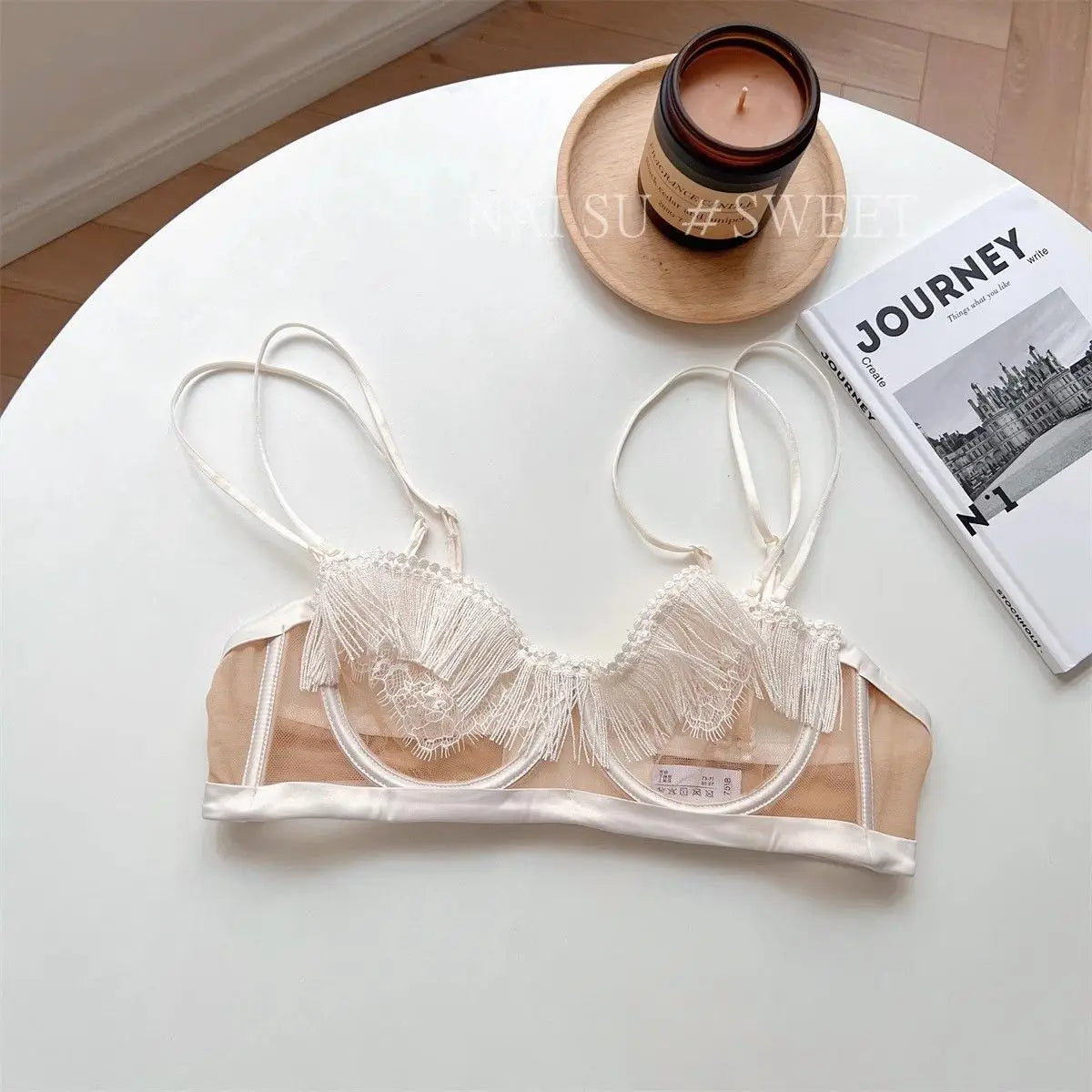 MOYISU Premium Sheer Mesh Bra Set Fringed Lace Half-Cup Minimizer, Ultra-Thin Luxury Lingerie Full Bust Coverage Slim Silhouette