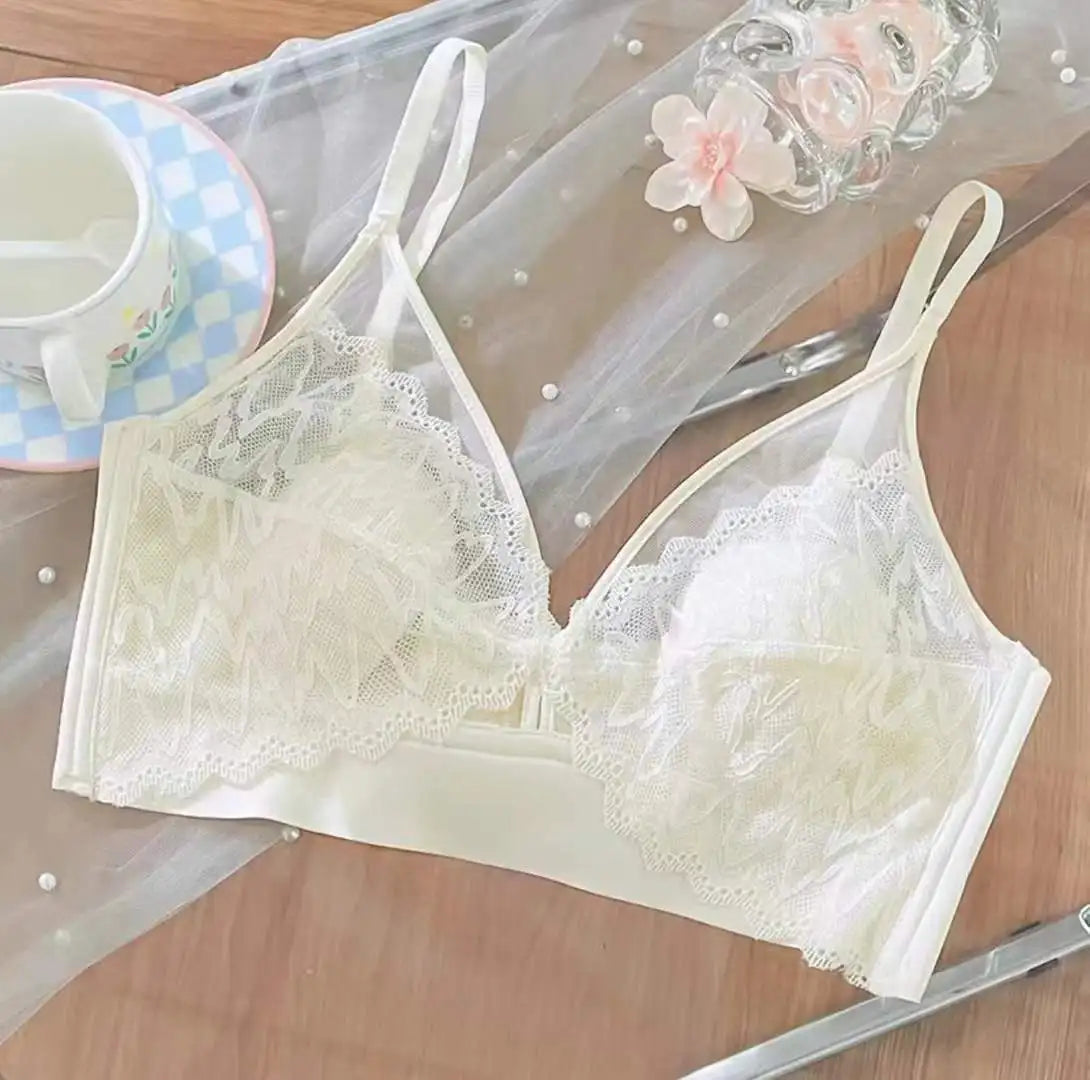 French Lace Lingerie for Women Without Steel Rings and Rabbit Ears, Mesh Fabric Breathable and Ultra-thin  Women Underwear