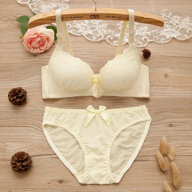 Girl Sweet Wireless Bra Lace Bows Underwear Sets Breathable Small Breast Bralette Top Briefs for Women Teen Girl Lingerie Suits
